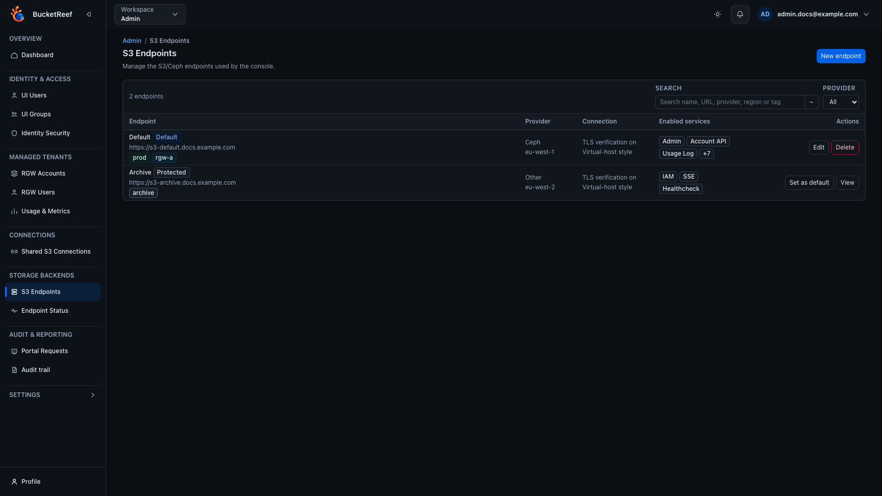 Admin Storage endpoints page showing endpoint capabilities and credentials state
