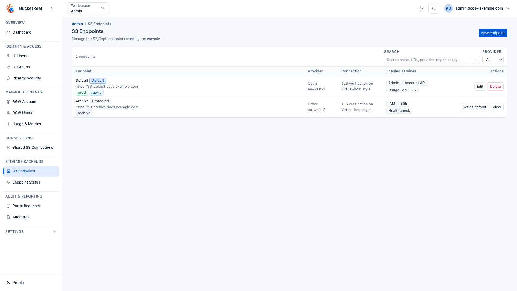 Admin Storage endpoints page showing endpoint capabilities and credentials state