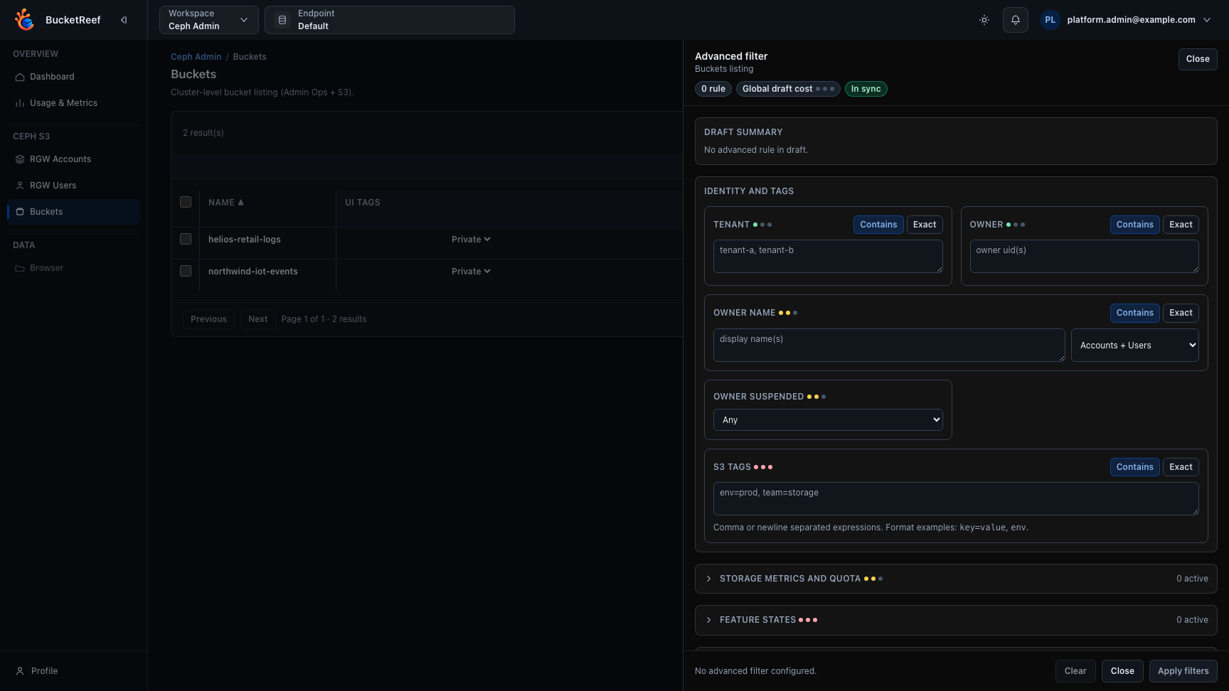 Ceph Admin buckets page with advanced filter drawer open