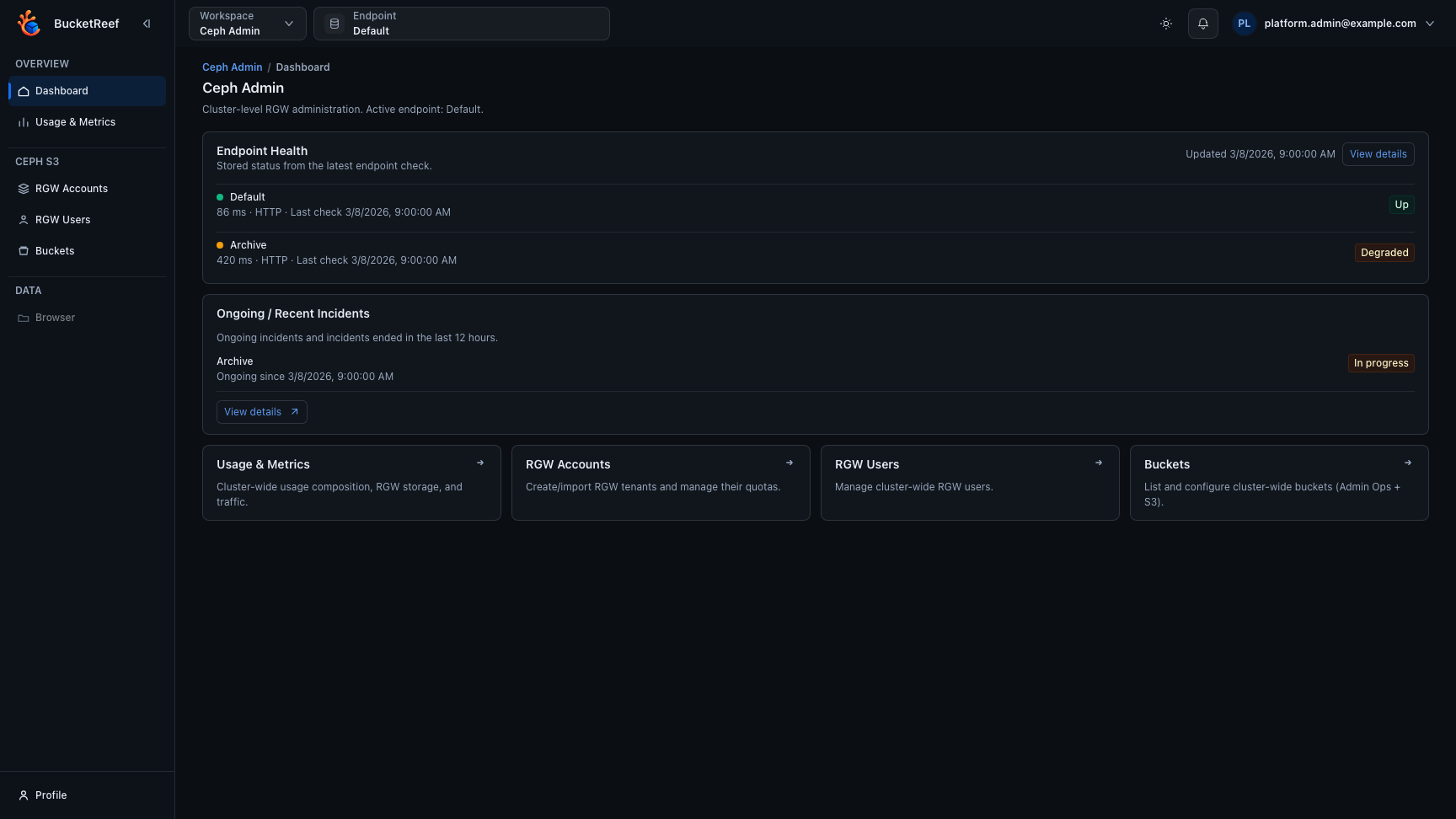 Compact Ceph Admin dashboard with health, incidents and navigation