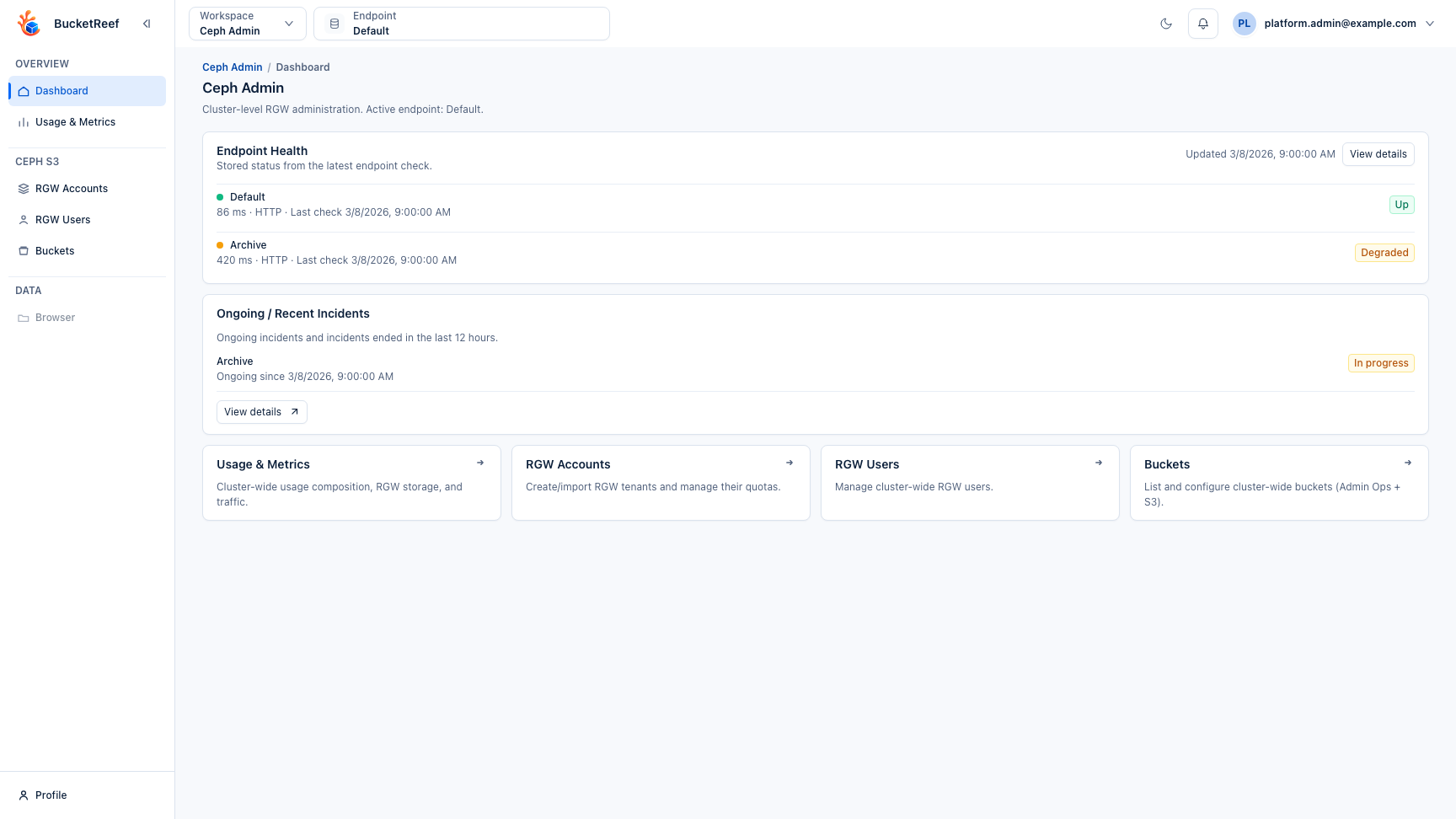 Compact Ceph Admin dashboard with health, incidents and navigation