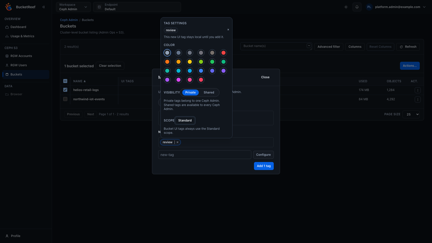 Ceph Admin selected buckets with UI tag operations open