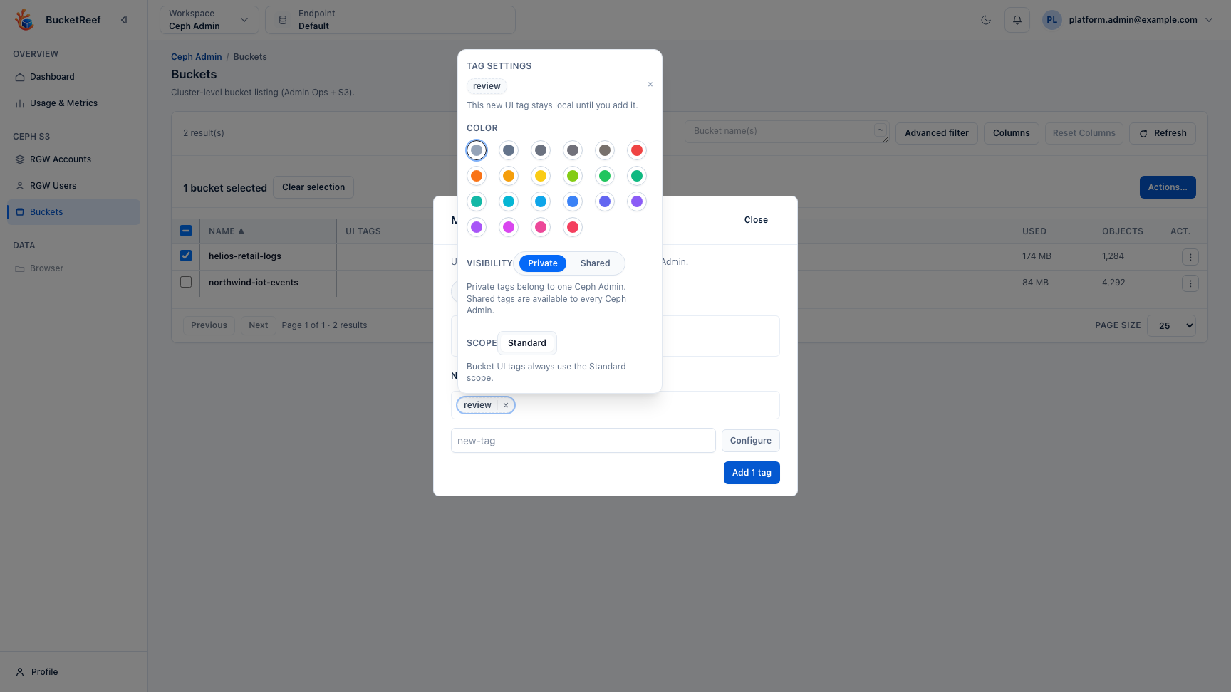 Ceph Admin selected buckets with UI tag operations open