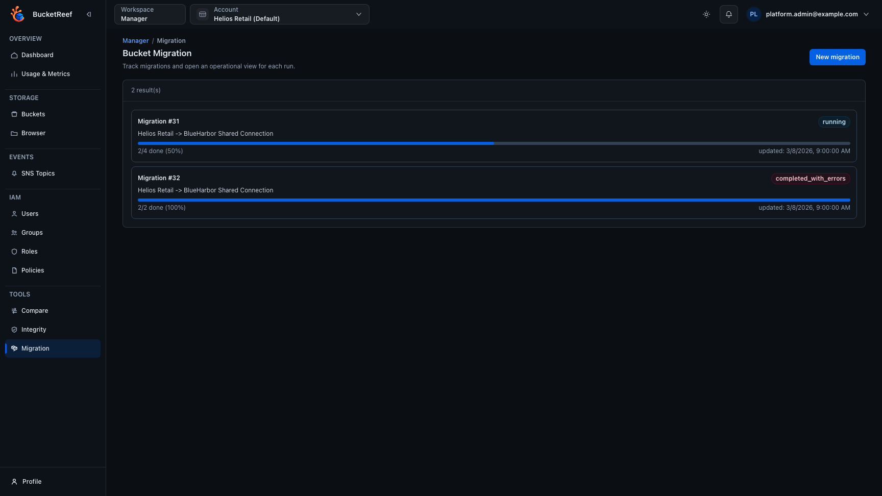 Bucket migration page with status filters and runs