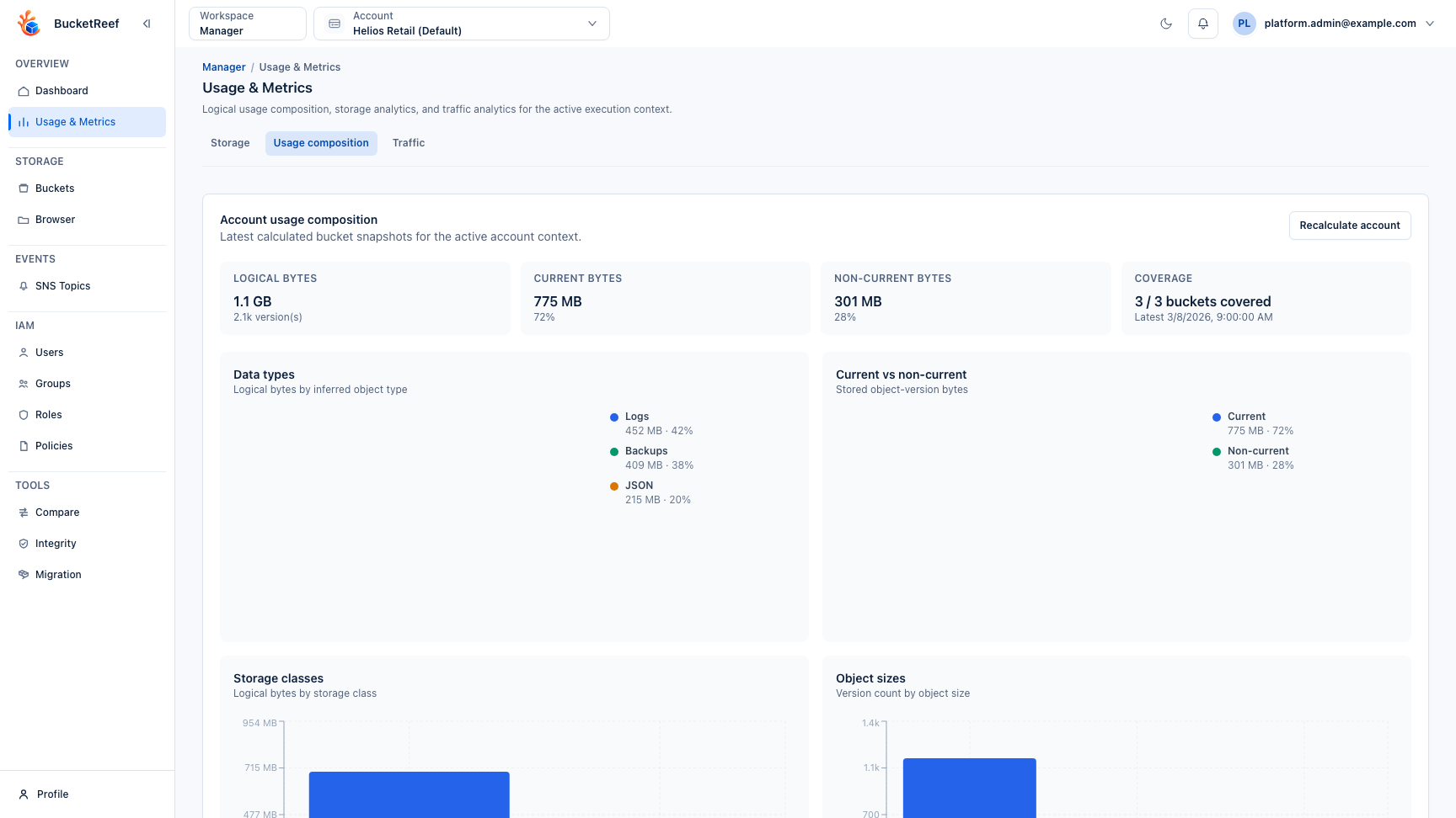 Bucket usage stats with storage, usage history, and traffic tabs