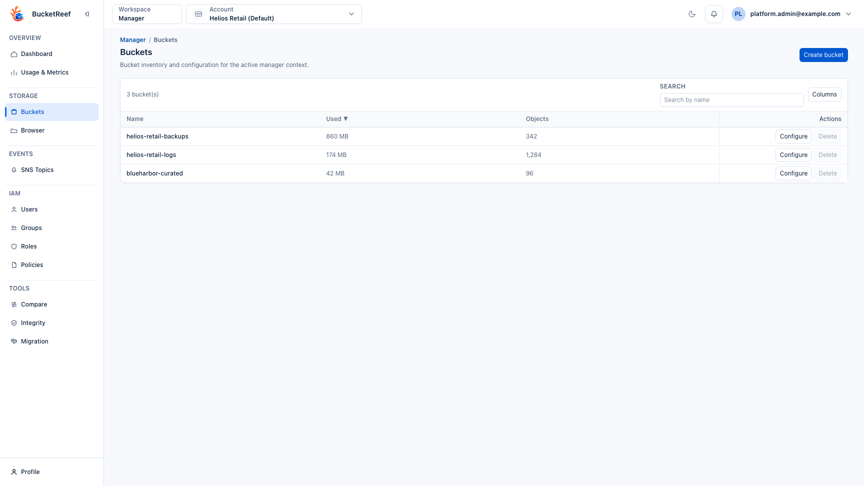Buckets feature page with creation and table controls
