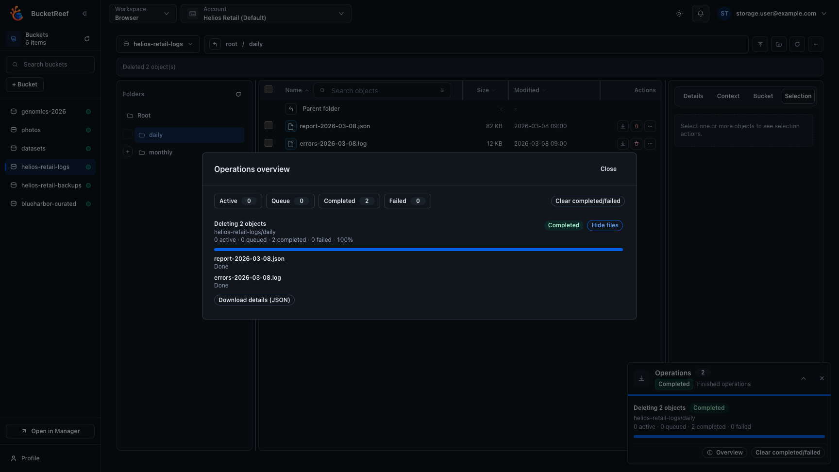 Browser operations overview showing a running delete on selected objects