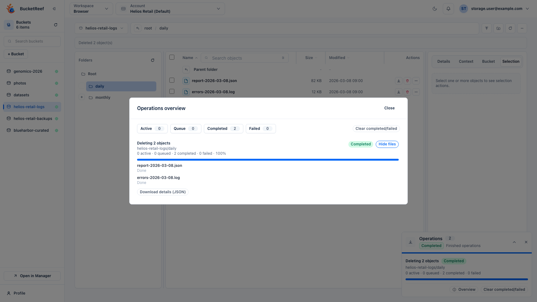 Browser operations overview showing a running delete on selected objects