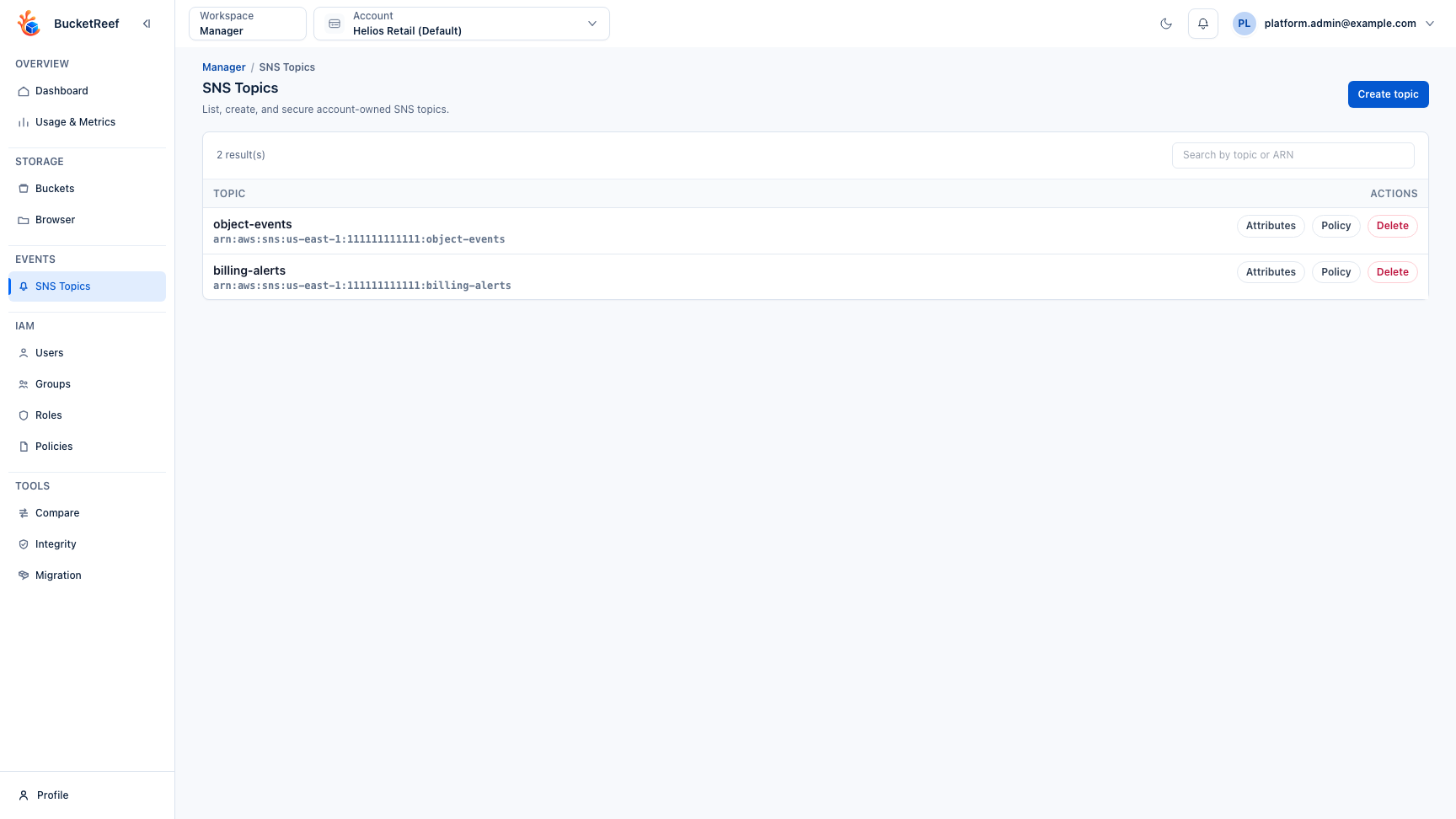SNS Topics feature page with topic actions