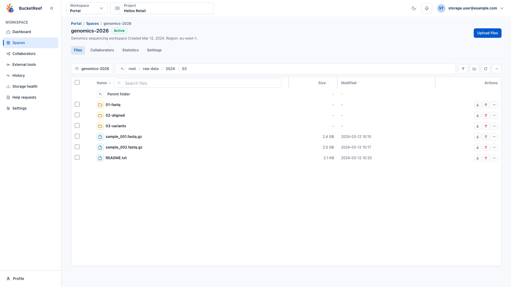 Portal object list for a space with breadcrumbs, metrics, search, upload, and folder navigation