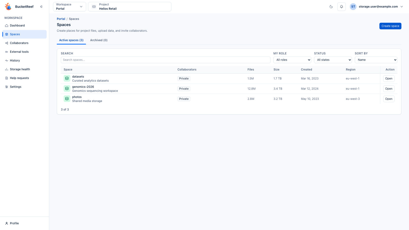 Portal Spaces list with collaborator task shortcuts and space rows