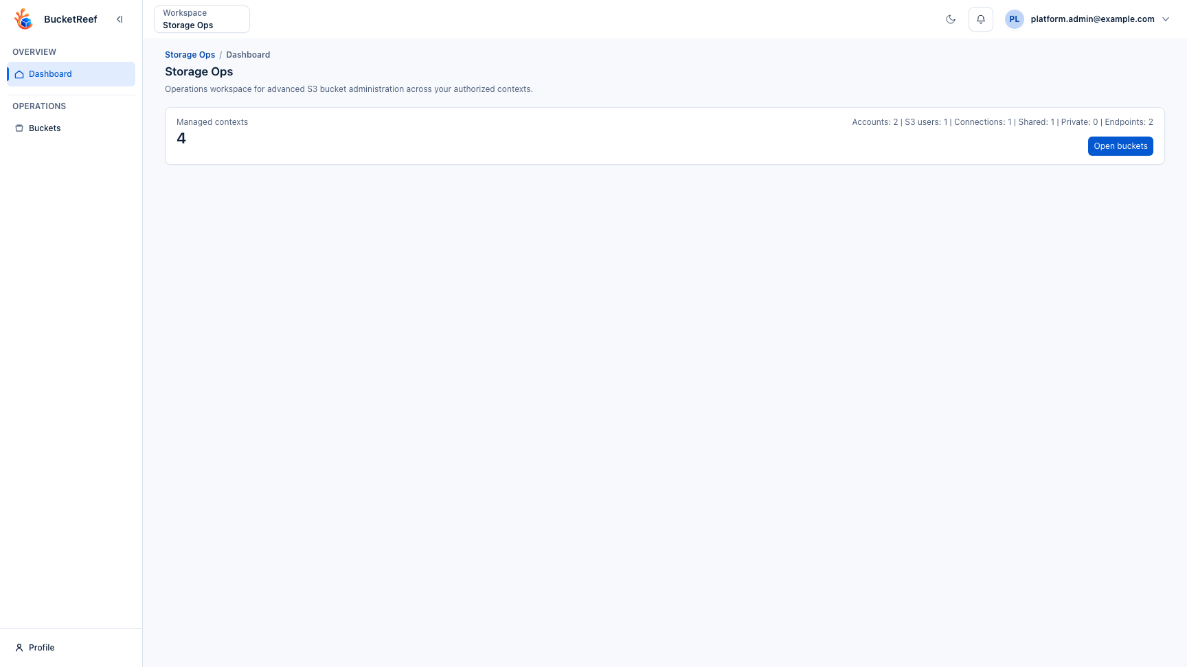 Storage Ops dashboard with cross-context operations entry point