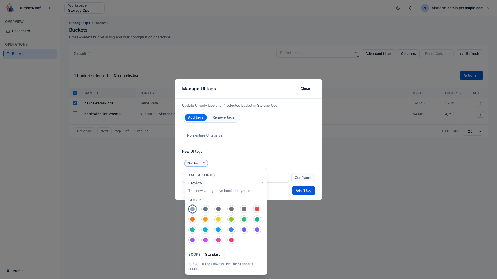Storage Ops bucket list with UI tags workflow on selected buckets