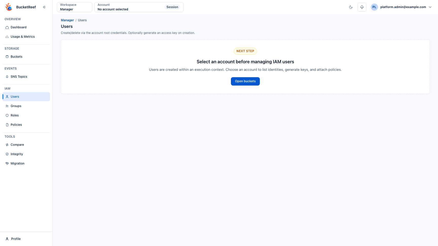 Troubleshooting example when no account context is selected