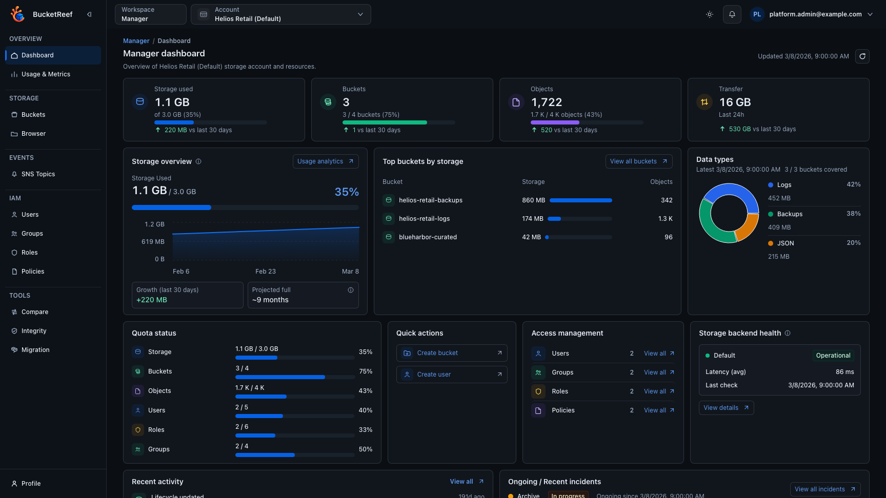 Manager workspace navigation for storage administration
