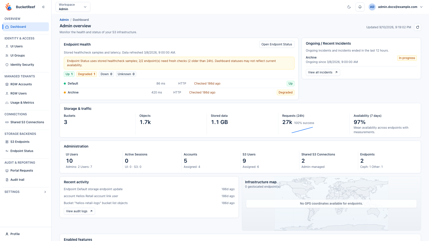 Admin workspace with the control-plane Audit entry available