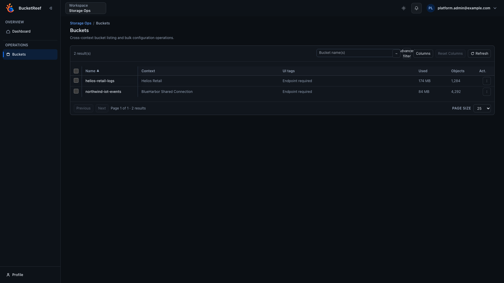 Storage Ops workspace with cross-context bucket operations