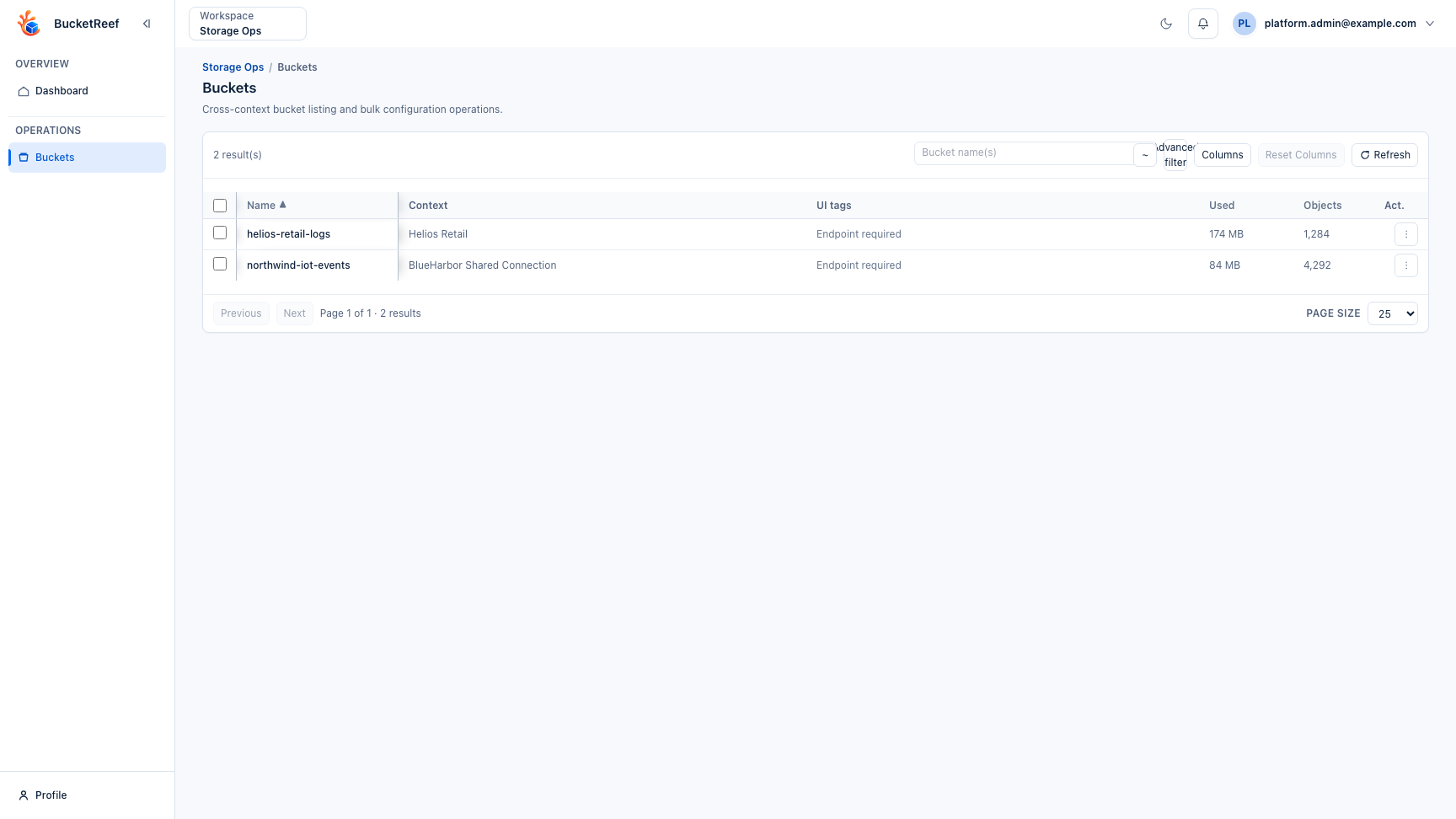 Storage Ops workspace with cross-context bucket operations